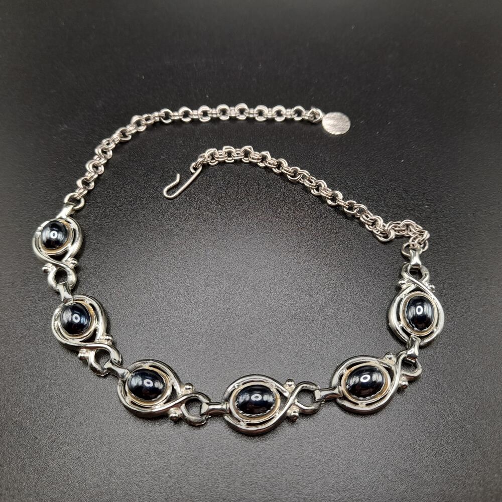 Vintage 1960s Faux Hematite Cabochon Necklace, 15 1/2", Silver Tone - Picture 6 of 10